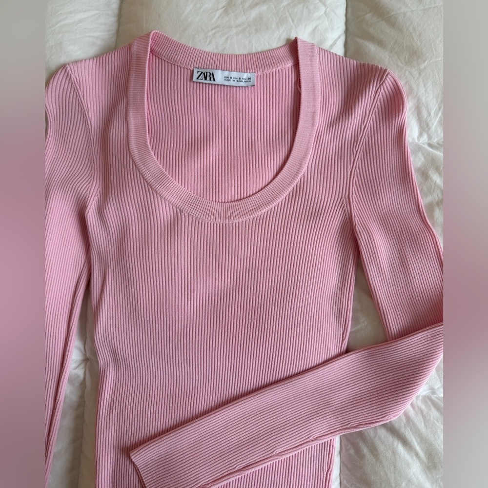 ZARA Pink Ribbed Scoop Neck Long Sleeve Top Minimal Chic